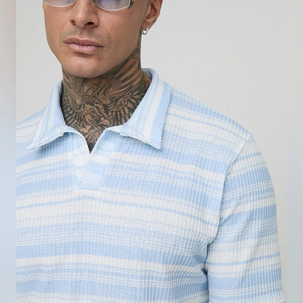 BoohooMAN Tall Slim Revere Abstract Textured Polo Short Set light blue-S